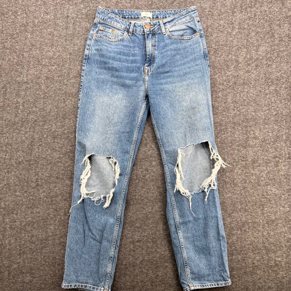 River Island Womens High Rise Distressed Mom Jeans Size 10 Medium Wash Cotton